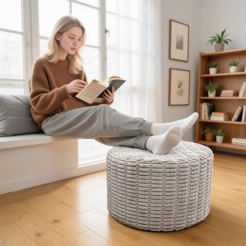 Ottofootrespoof Plush Furry Pouf Ottoman Footrest-Soft Foam-Filled Floor Pouf Cushion (51x31cm) - Cozy Lounge Accent for Your Couch Sofa Living Room Bedroom (Light Gray) - Image 5