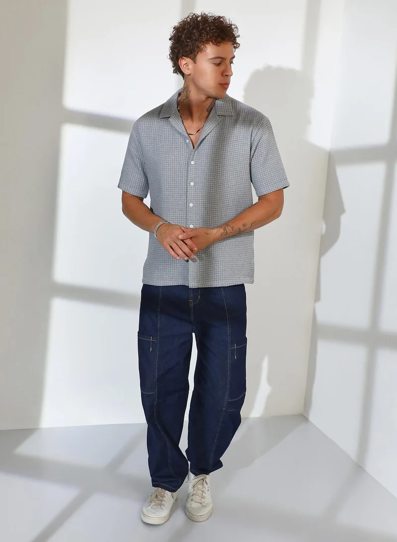 Campus Sutra Men's Moon Grey Waffle-Knit Oversized Shirt