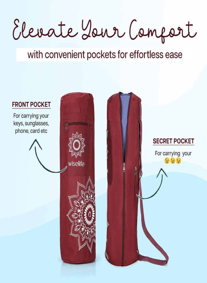 الحكمة والحياة حقيبة حمل فاخرة لحصيرة اليوغا من القطن من وايز لايف، مزودة بسحاب لسهولة الوصول، وجيوب تخزين متعددة الوظائف، وحزام كتف قابل للتعديل (حتى 8 مم)، لون عنابي. - Image 5