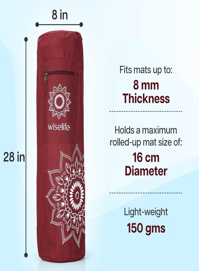 الحكمة والحياة حقيبة حمل فاخرة لحصيرة اليوغا من القطن من وايز لايف، مزودة بسحاب لسهولة الوصول، وجيوب تخزين متعددة الوظائف، وحزام كتف قابل للتعديل (حتى 8 مم)، لون عنابي. - Image 2