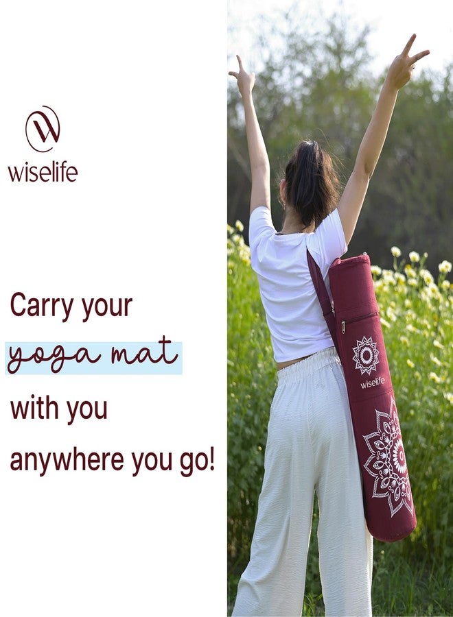 الحكمة والحياة حقيبة حمل فاخرة لحصيرة اليوغا من القطن من وايز لايف، مزودة بسحاب لسهولة الوصول، وجيوب تخزين متعددة الوظائف، وحزام كتف قابل للتعديل (حتى 8 مم)، لون عنابي. - Image 4