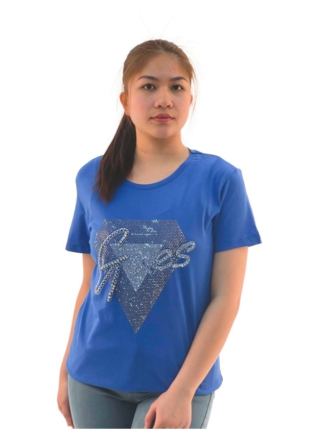 JOANNA W203047 Women's Diamond Design With Quotes Round Neck Short Sleeve T-Shirt - Blue - Image 1