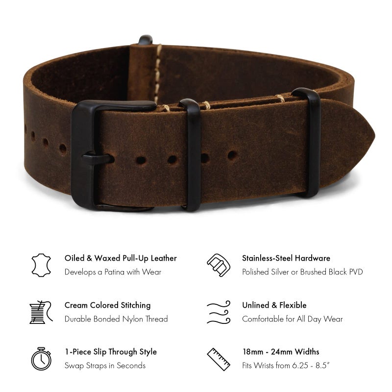 Benchmark Basics Leather Watch Band - Crazy Horse Oiled Leather One-Piece Watch Straps for Men & Women - Choice of Color & Width - 18mm, 20mm, 22mm or 24mm (20mm, Dark Brown PVD) - Image 2