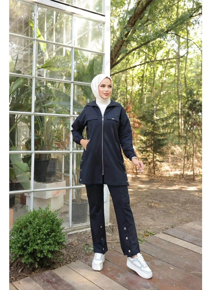 Bwest Zippered Pocket Snap Detail Double Hijab Tracksuit - 71207.015 - Navy Blue