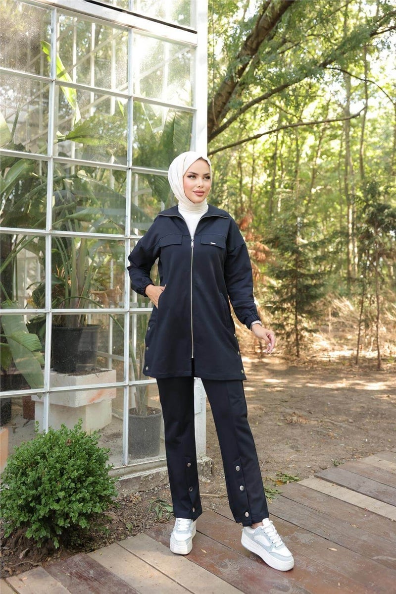 Bwest Zippered Pocket Snap Detail Double Hijab Tracksuit - 71207.015 - Navy Blue - Image 1