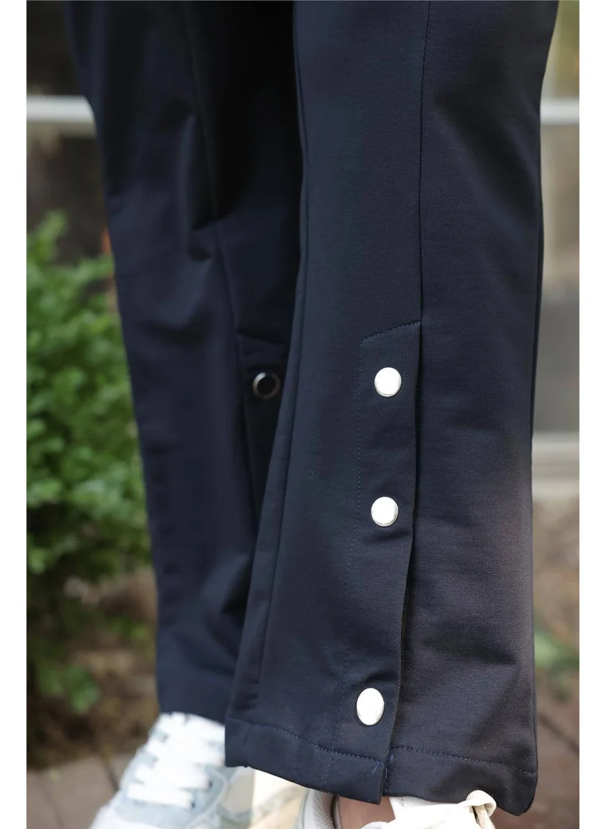 Bwest Zippered Pocket Snap Detail Double Hijab Tracksuit - 71207.015 - Navy Blue