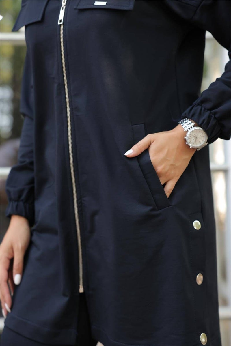 Bwest Zippered Pocket Snap Detail Double Hijab Tracksuit - 71207.015 - Navy Blue - Image 4