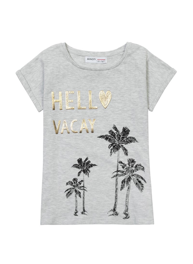 مينوتي تيشيرت بناتي قطني بكتابة لامعة وطبعة نخيل صيفي - Image 1