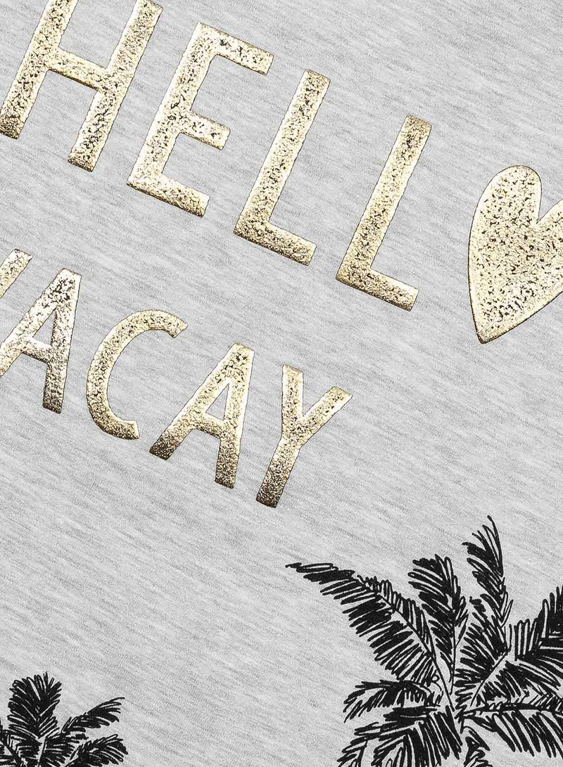 مينوتي تيشيرت بناتي قطني بكتابة لامعة وطبعة نخيل صيفي - Image 3