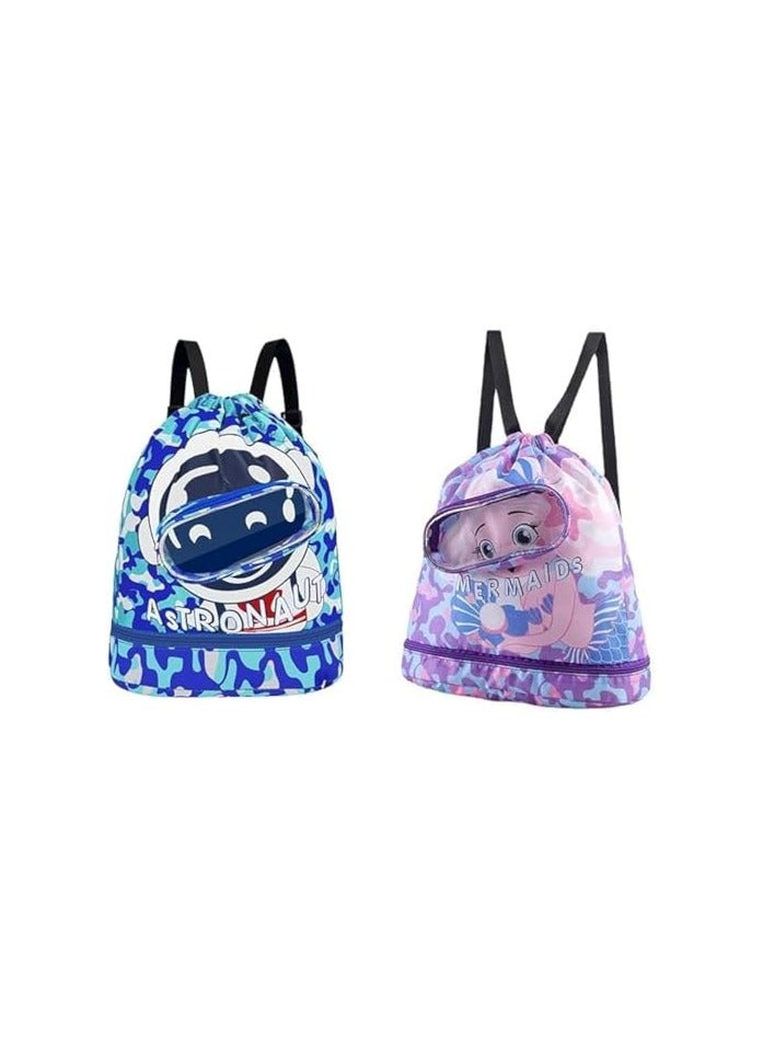 ROUNY Swimming Backpack for Kids, 2 Portable Swim Bags for Swimmers, Dry and Wet Separation Waterproof Drawstring Bag, Beach Mesh Backpack, Fitness Sport Knapsack for Gym Beach Pool Gear Bag