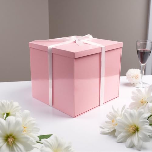 UoeRing Large Gift Box with Lid 12x12x11 InchPink Gift Boxes for Presents Packaging for BirthdaysValentines DayMothers DayChristmas with Ribbon Card Envelope Shredded Paper Fill Glossy Pink - Image 5