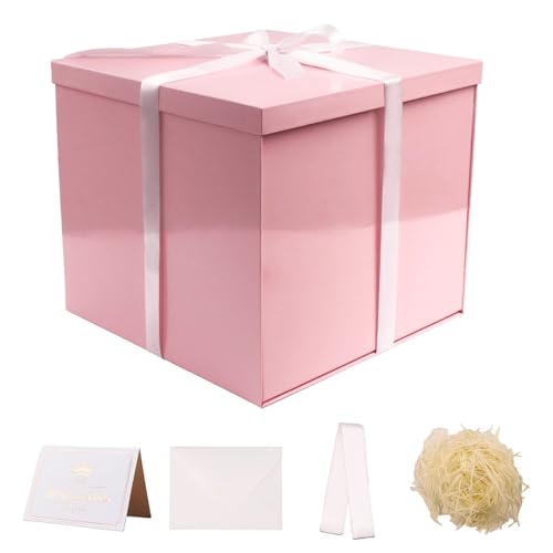 UoeRing Large Gift Box with Lid 12x12x11 InchPink Gift Boxes for Presents Packaging for BirthdaysValentines DayMothers DayChristmas with Ribbon Card Envelope Shredded Paper Fill Glossy Pink - Image 2