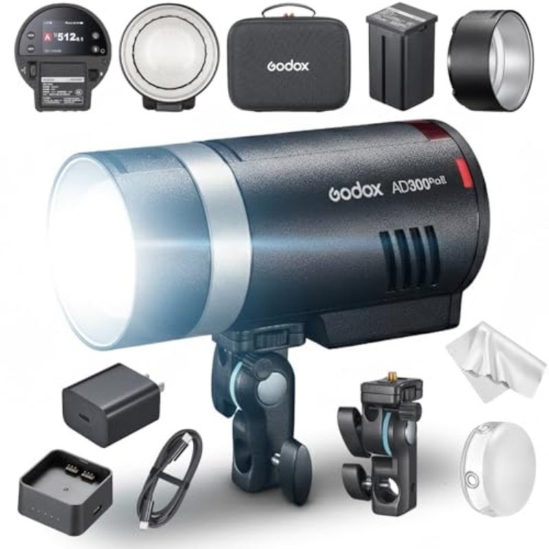 AD300Pro II AD300 Pro II TTL HSS Outdoor Flash Strobe, 350 Full Power Flashes/1/512-1/1 Power Adjust/0.01-1.5s Recycle/16-Color Group Indicator Lights/12W Bi-Color Modeling Lamp/HD Color Screen - Image 1
