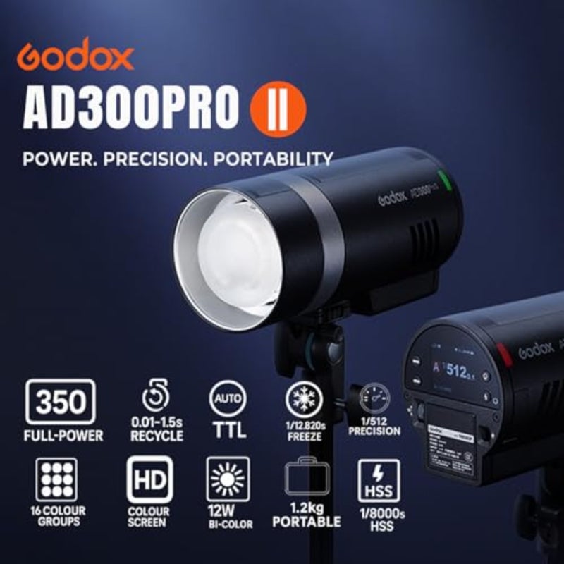 AD300Pro II AD300 Pro II TTL HSS Outdoor Flash Strobe, 350 Full Power Flashes/1/512-1/1 Power Adjust/0.01-1.5s Recycle/16-Color Group Indicator Lights/12W Bi-Color Modeling Lamp/HD Color Screen - Image 2