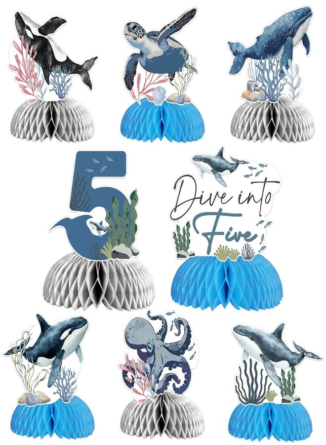 Fangleland 8Pcs Dive Into Five Honeycomb Centerpieces for Boys, 5th Birthday Ocean Themed Under The Sea Table Toppers Five Years Old Party Supplies - Image 1
