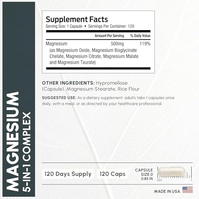 ForestLeaf Magnesium Complex for Women and Men - 500mg Magnesium Supplement for Sleep - 5-in-1 Chelated Magnesium Citrate, Bisglycinate, Malate, Taurate, Oxide (120 Ct) - Image 3