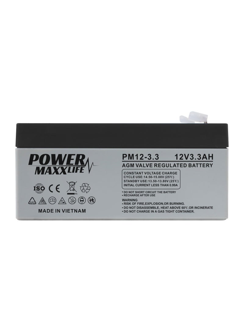 12V 3.3Ah Sealed Lead Acid Battery, AGM Rechargeable Maintenance-Free Power Cell for UPS, Alarm, Emergency Light, and Backup Systems | PM12-3.3