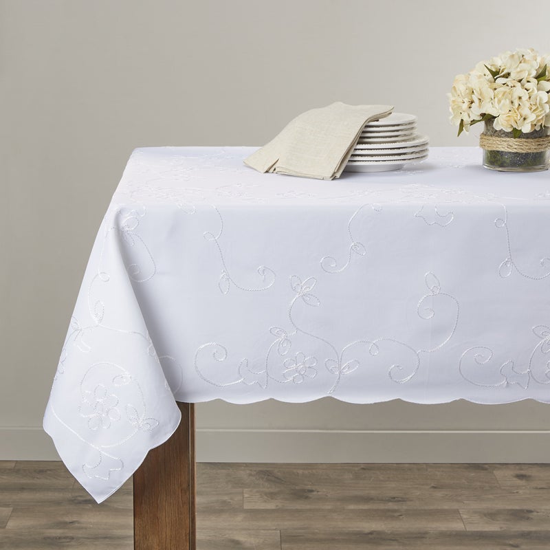 Violet Linen Dublin Embroidered Design Tablecloth White 72 by 140 OblongRectangle