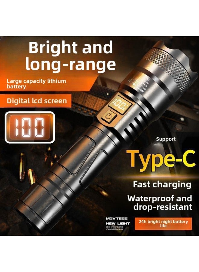 Flashlight Large Aperture Strong Light Rechargeable Outdoor Emergency Long-range Bright Long-range Portable Zoom 