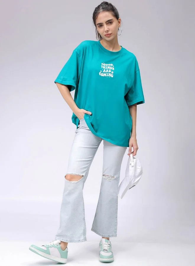 Freehand Women Regular Fit Typographic Oversized T-Shirt