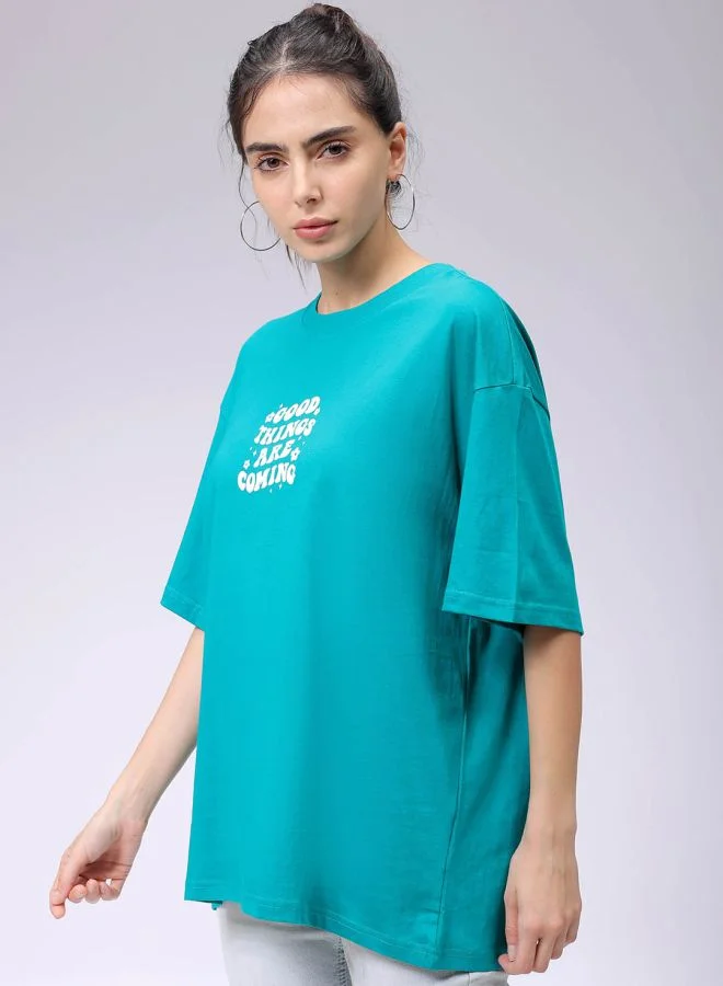 Freehand Women Regular Fit Typographic Oversized T-Shirt