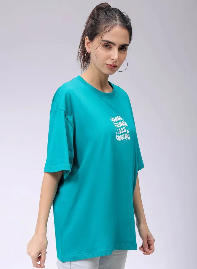Freehand Women Regular Fit Typographic Oversized T-Shirt