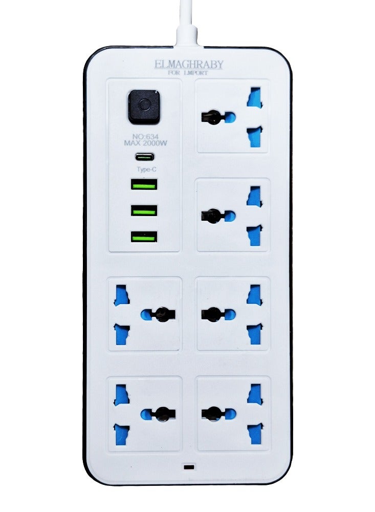 Electric Power strip - 2500 watt, Auto max 10 A / 220-250V , with 6 Outlet , 200 CM cable , 3 Port USB and 1 port type-c for Laptop, PC, MacBook , Home and Office Electrical appliances and Mobile charger - Image 1