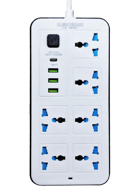 موزع طاقة كهربائي متعدد الألوان - 2500 واط، تيار تلقائي أقصى 10 أمبير / 220-250 فولت، مزود بـ 6 منافذ، وكابل بطول 200 سم، و3 منافذ USB ومنفذ واحد من النوع C لأجهزة الكمبيوتر المحمولة والمكتبية وأجهزة MacBook والأجهزة الكهربائية المنزلية والمكتبية وشواحن الهواتف المحمولة