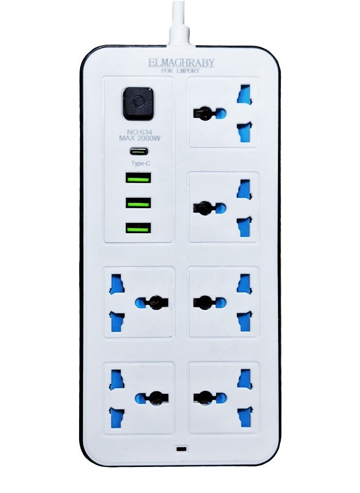 Generic Electric Power strip - 2500 watt, Auto max 10 A / 220-250V , with 6 Outlet , 200 CM cable , 3 Port USB and 1 port type-c for Laptop, PC, MacBook , Home and Office Electrical appliances and Mobile charger  - Image 1