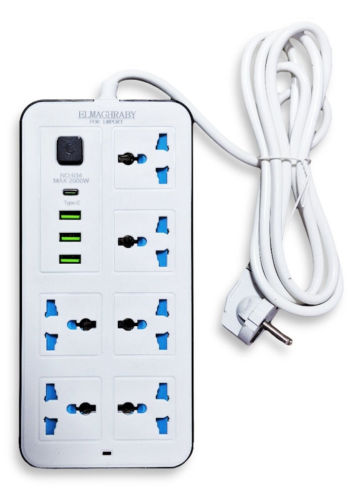 Generic Electric Power strip - 2500 watt, Auto max 10 A / 220-250V , with 6 Outlet , 200 CM cable , 3 Port USB and 1 port type-c for Laptop, PC, MacBook , Home and Office Electrical appliances and Mobile charger  - Image 2