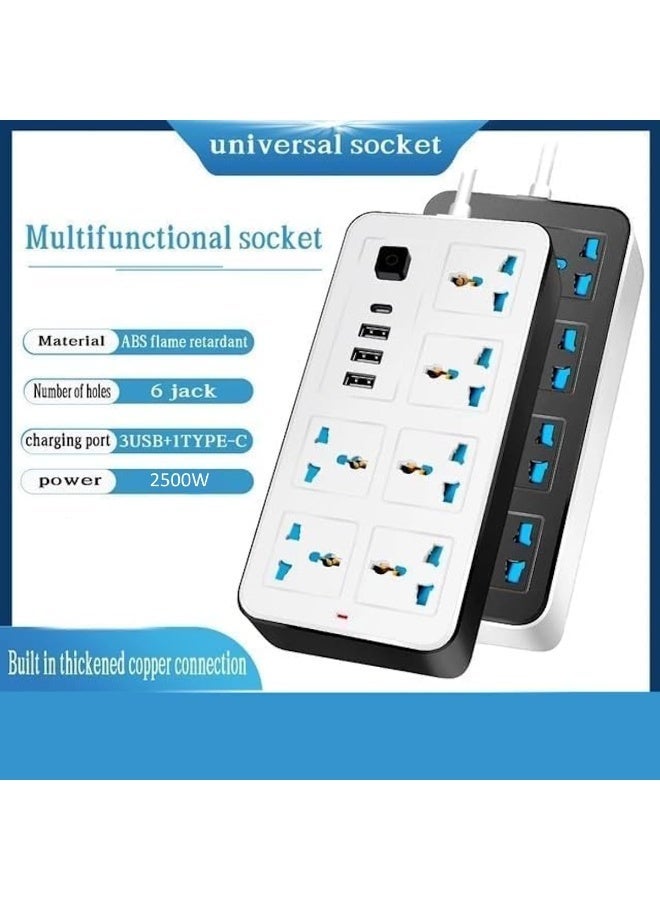 ELMAGHRABY Universal Power Strip 2500W – 6 AC Universal Sockets, 3 USB Ports & 1 USB-C Charging Port, Multifunctional Extension Socket with Individual Power Switches, Flame-Retardant ABS Housing & Copper Connection - Image 2