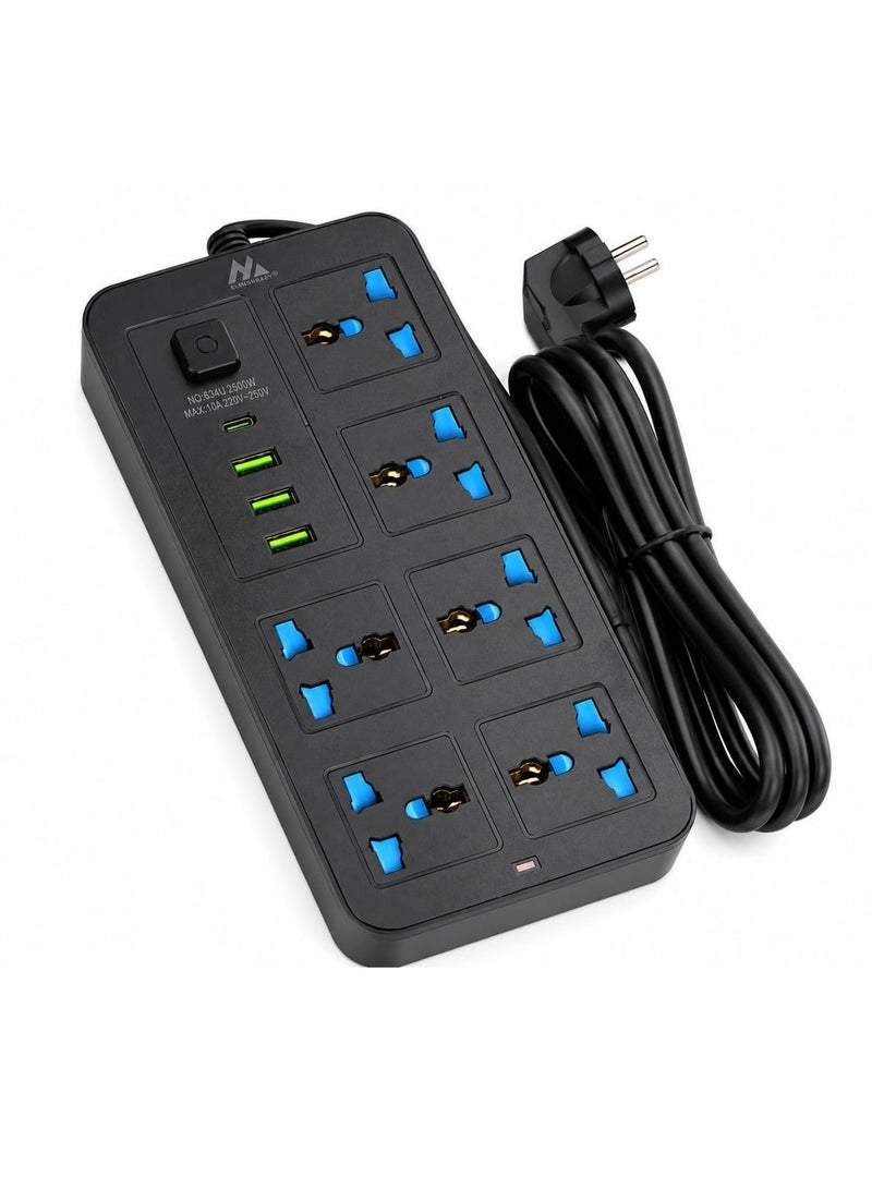 المغربي مشترك كهرباء شامل بقدرة 2500 واط – يضم 6 مقابس عالمية (AC)، و3 منافذ USB، ومنفذ شحن USB-C؛ مشترك متعدد الوظائف مزود بمفاتيح تشغيل/إيقاف مستقلة لكل مقبس، وهيكل مصنوع من مادة ABS المقاومة للاشتعال وموصلات نحاسية – متوفر باللونين الأسود والأبيض. - Image 3