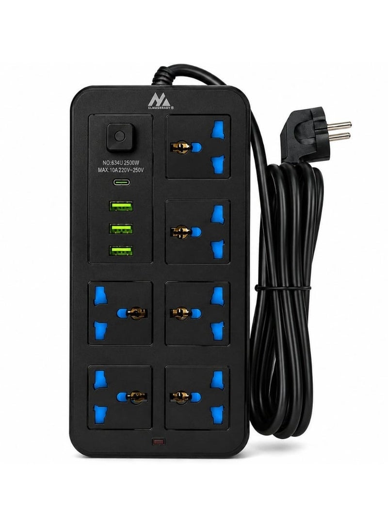 المغربي مشترك كهرباء شامل بقدرة 2500 واط – يضم 6 مقابس عالمية (AC)، و3 منافذ USB، ومنفذ شحن USB-C؛ مشترك متعدد الوظائف مزود بمفاتيح تشغيل/إيقاف مستقلة لكل مقبس، وهيكل مصنوع من مادة ABS المقاومة للاشتعال وموصلات نحاسية – متوفر باللونين الأسود والأبيض. - Image 2