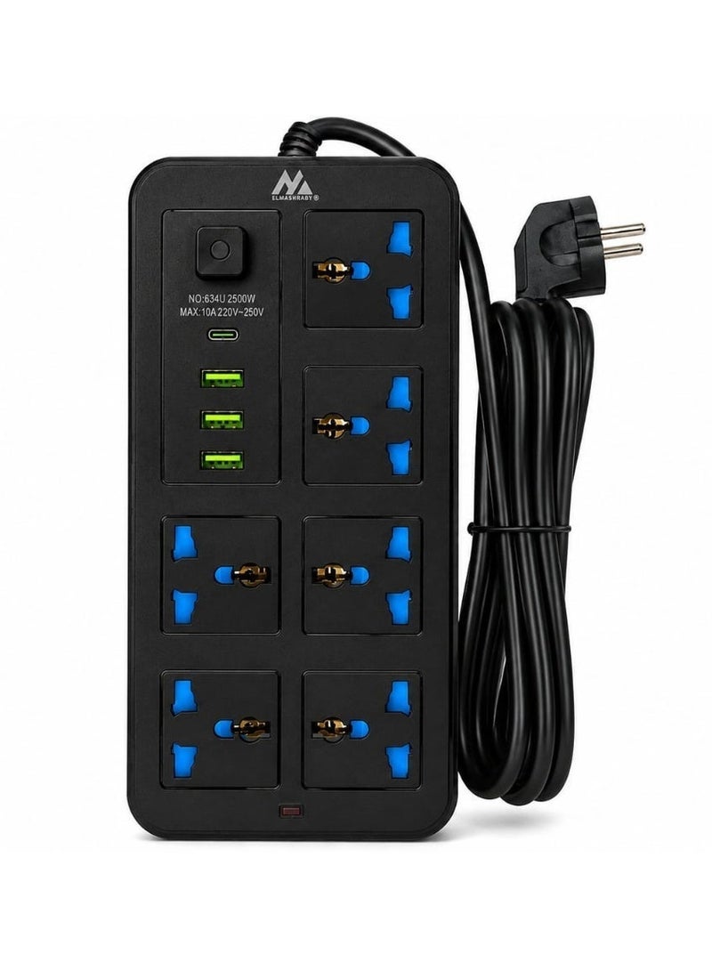 المغربي مشترك كهرباء شامل بقدرة 2500 واط – يضم 6 مقابس عالمية (AC)، و3 منافذ USB، ومنفذ شحن USB-C؛ مشترك متعدد الوظائف مزود بمفاتيح تشغيل/إيقاف مستقلة لكل مقبس، وهيكل مصنوع من مادة ABS المقاومة للاشتعال وموصلات نحاسية – متوفر باللونين الأسود والأبيض. - Image 1