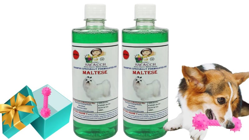 swacch Maltese Dog Shampoo + Dumbbell Toy I Durable Rubber Dog Toy for Chewing I Playing,Teeth Cleaning & Training Toy I Combo Pack I 500ml Pack of 2 Neem Alovera - Image 1