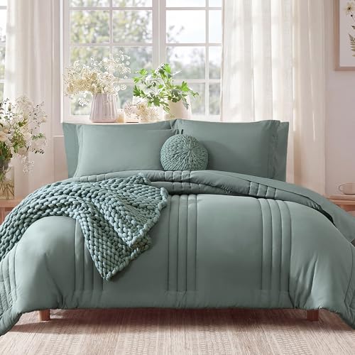 Monbix King Size Comforter Set - 7 Pieces Bed in a Bag King, Sage Green Bedding Sets with Comforter, All Seasons Comforter Bed Set with Sheets, Pillowcases & Shams - Image 1