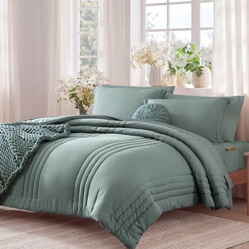 Monbix King Size Comforter Set - 7 Pieces Bed in a Bag King, Sage Green Bedding Sets with Comforter, All Seasons Comforter Bed Set with Sheets, Pillowcases & Shams - Image 2