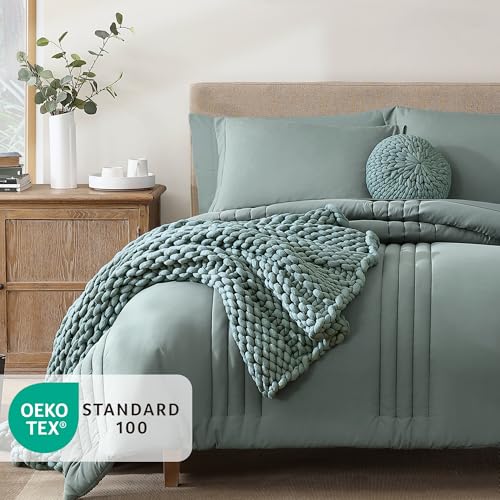 Monbix King Size Comforter Set - 7 Pieces Bed in a Bag King, Sage Green Bedding Sets with Comforter, All Seasons Comforter Bed Set with Sheets, Pillowcases & Shams - Image 3