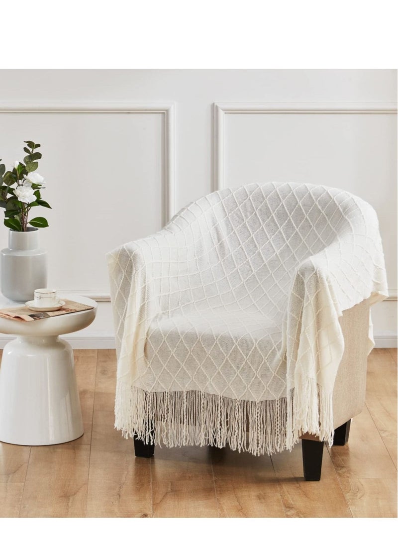 Sofa Decorative Blanket, Soft and Comfortable Knitted Blanket with Tassels for Sofa and Bed Diamond Shaped Coverlet Lightweight Decorative Bed End Blanket Nap Blanket (beige, 127x152cm) - Image 2