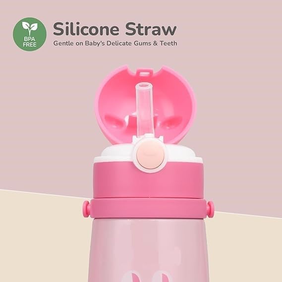 Zerya Goofy 380 ML Vacuum Thermo Seal Insulated Double Wall Steel Body Baby Sipper with One Touch Opening & Silicon Straw,Long Retention of Temperature of Hot & Cold Liquids (Pink) - Image 3