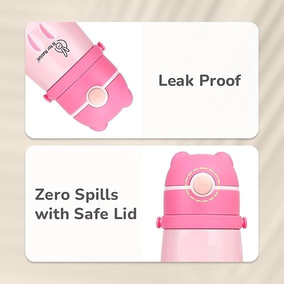 Zerya Goofy 380 ML Vacuum Thermo Seal Insulated Double Wall Steel Body Baby Sipper with One Touch Opening & Silicon Straw,Long Retention of Temperature of Hot & Cold Liquids (Pink) - Image 5