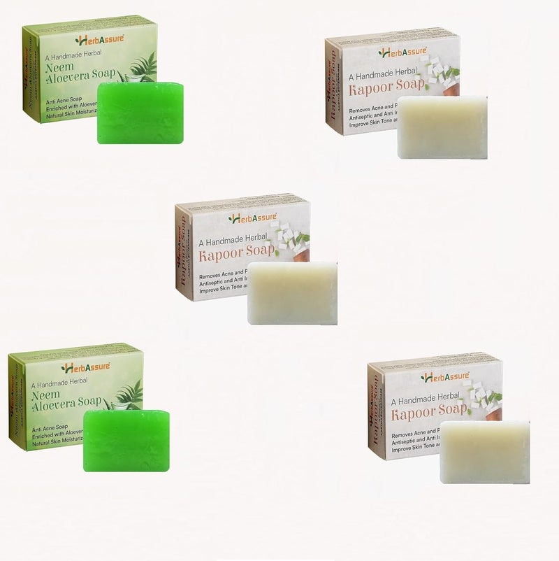 HerbAssure Handmade 2 Neem Aloevera and 3 Kapoor Soap Combo Pack Natural Skin Care AntiAcne 5 piece - Image 1