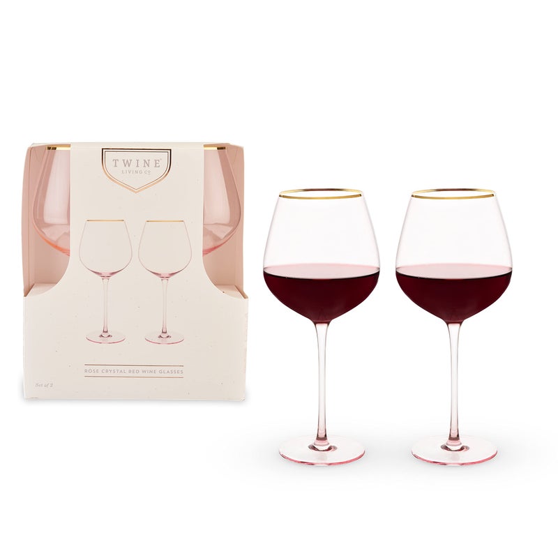 TWINE Rose Red Wine Glasses Gold Rimmed Pink Tinted Crystal Wine Glass Set Stemmed Wine Glasses Set of 2 20 Ounces