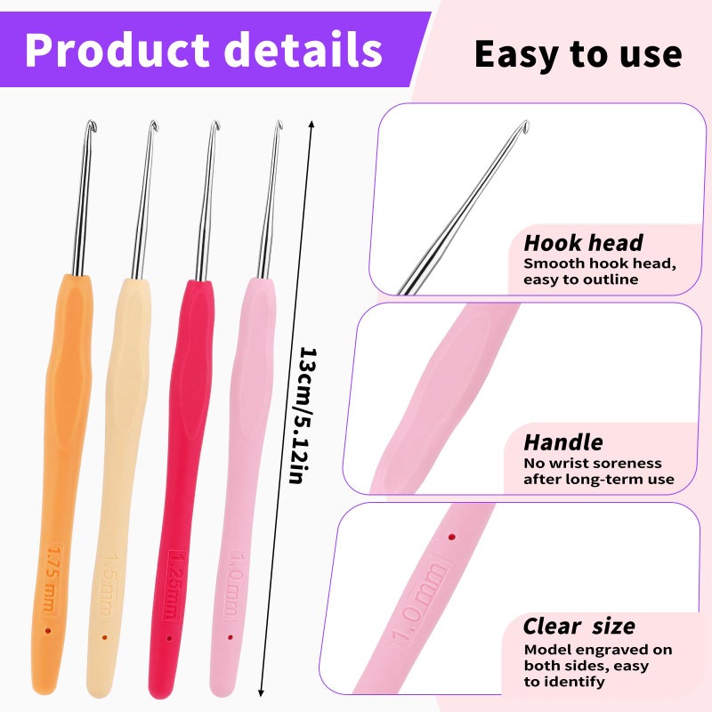 Iuuidu 4PCS Crochet Hooks, Small Size Crochet Hooks for Arthritic Hands 4Size, 1.0mm, 1.25mm, 1.5mm, 1.75mm Crochet Needles for Beginners, Smooth Knitting Needles for Handmade DIY - Image 2