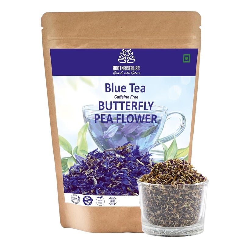 ROOTNRISEBLISS Caffeine-Free Butterfly Pea Flower 100g | Blue Tea Flowers | Herbal Tisane for Relaxation & Beauty | Sun-Dried | Natural Colorant | Edible Blue Petals - Image 1