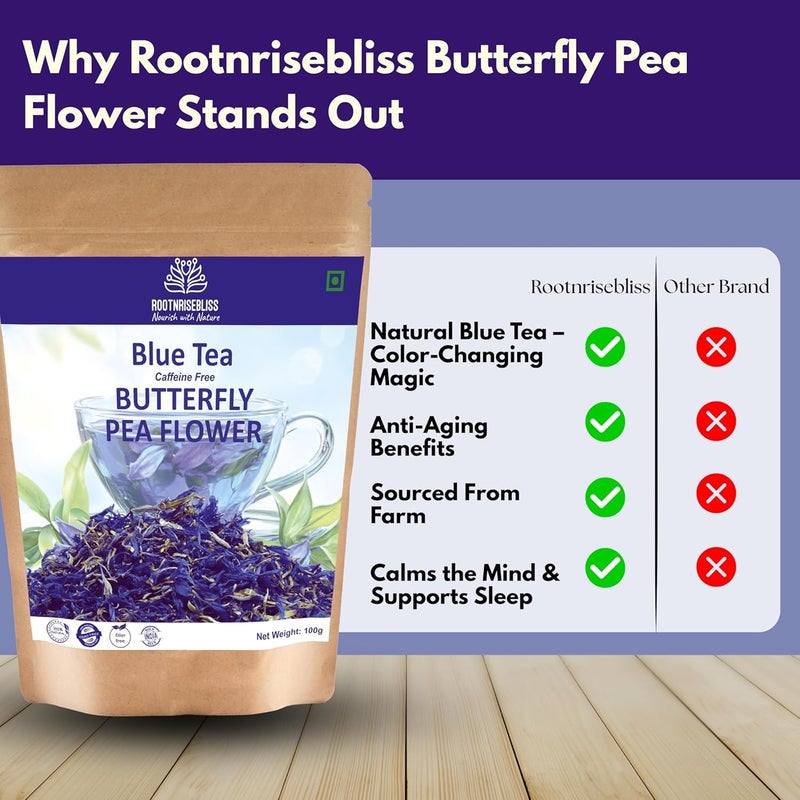 ROOTNRISEBLISS Caffeine-Free Butterfly Pea Flower 100g | Blue Tea Flowers | Herbal Tisane for Relaxation & Beauty | Sun-Dried | Natural Colorant | Edible Blue Petals - Image 5