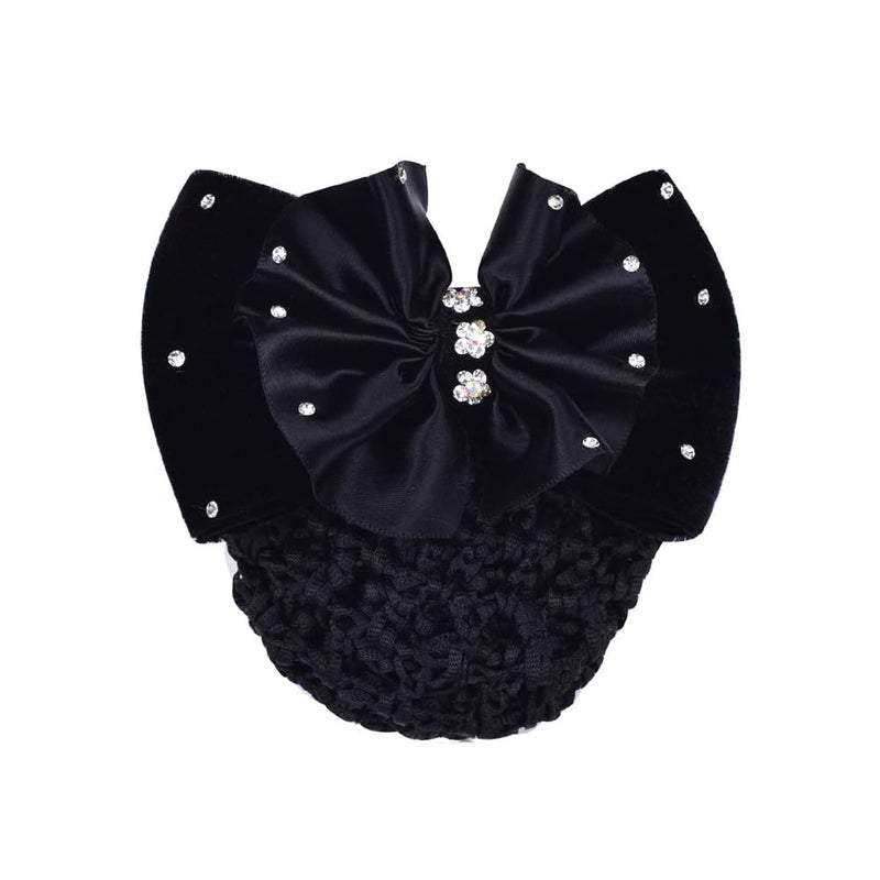 Professional Bowknot Decor Snood Net Hair Clip Rhinestone Satin Bow Barrette With Hair Net Hair Clip Bun Cover Hairnets Hair Accessories for Nurse Bank Worker Air Hostess(Black)