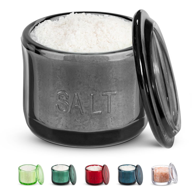 KooK Glass Salt Cellar with Lid Embossed Pressed Glass Clear Storage Container for Coffee Sugar Spices and Candies 10 oz Black