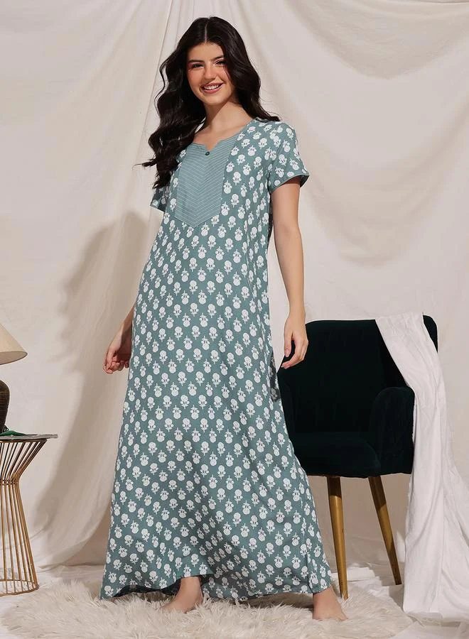 Clovia Women Green Floral Print Maxi Nightdress