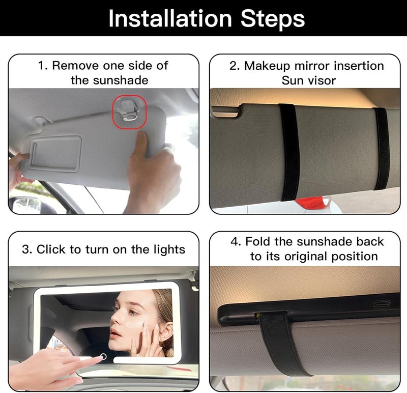 PINKE Car Vanity Mirror, Car Vanity Mirror with 3 Lights Modes, Rechargeable Sun Visor Makeup Mirror, Sun Visor Mirror with Light Cosmetic Mirror with Touch on Screen for Car - Image 5